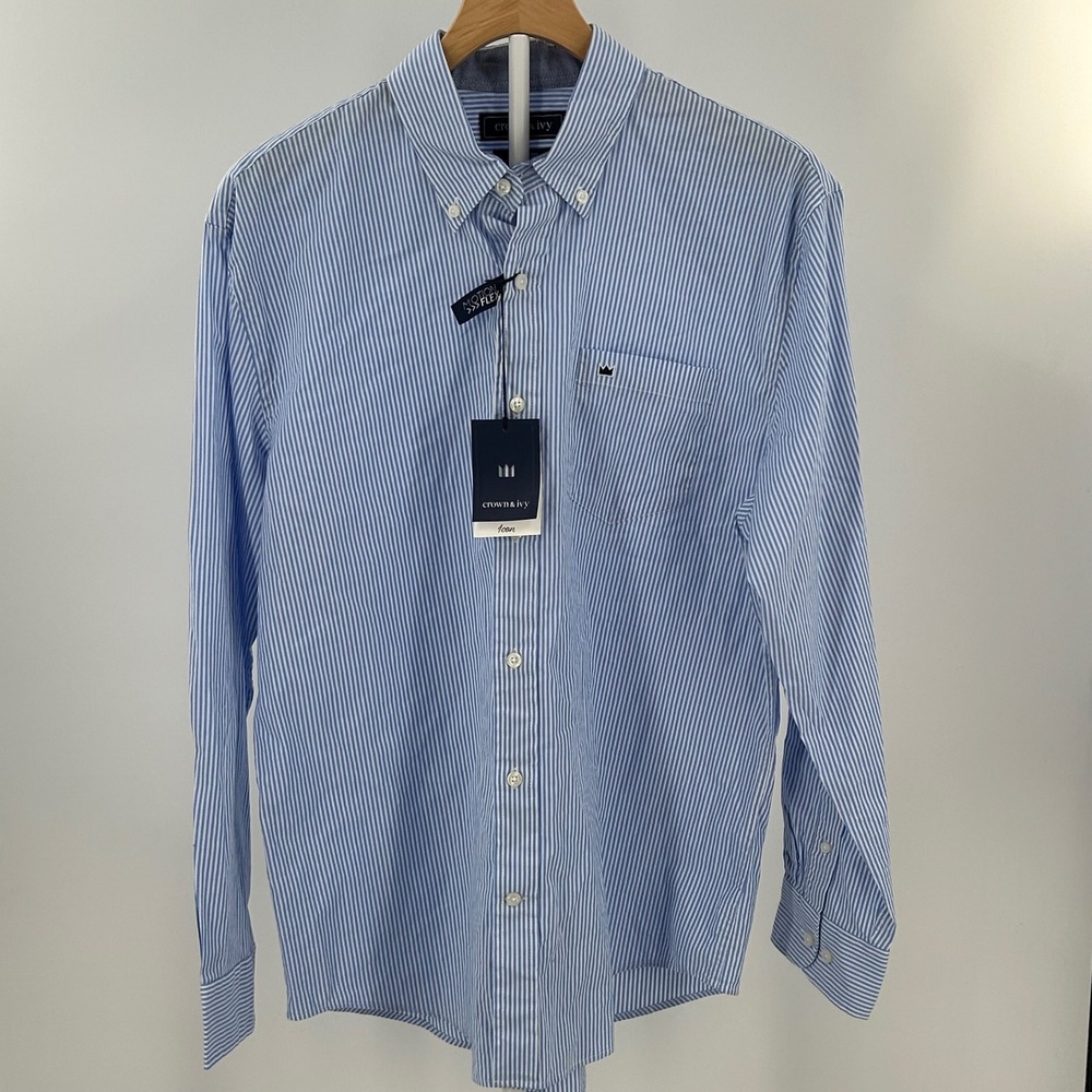 Crown & Ivy Mens Motion Flex Classic Fit Striped Button Down Shirt Blue Sail M - Picture 1 of 10